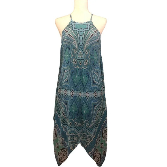 MSK Sz 6 Women's Blue Green White Black Print Sheer Handkerchief Hem Dress - Picture 1 of 9